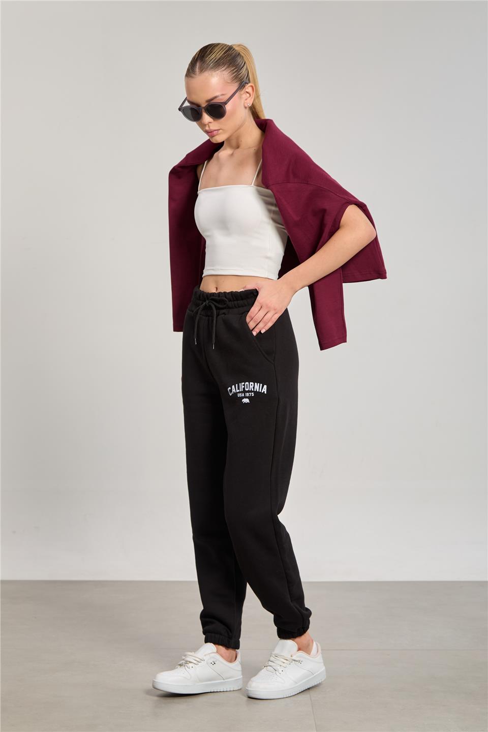 Kadın Paçası Lastikli California Basklı Eşofman Altı - Siyah