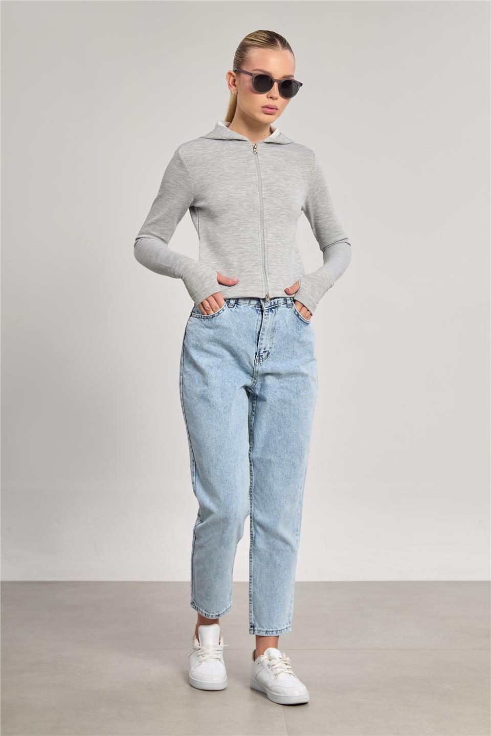 Kadın Parmak Geçmeli Fermuarlı Sweatshirt - Kar Melanj