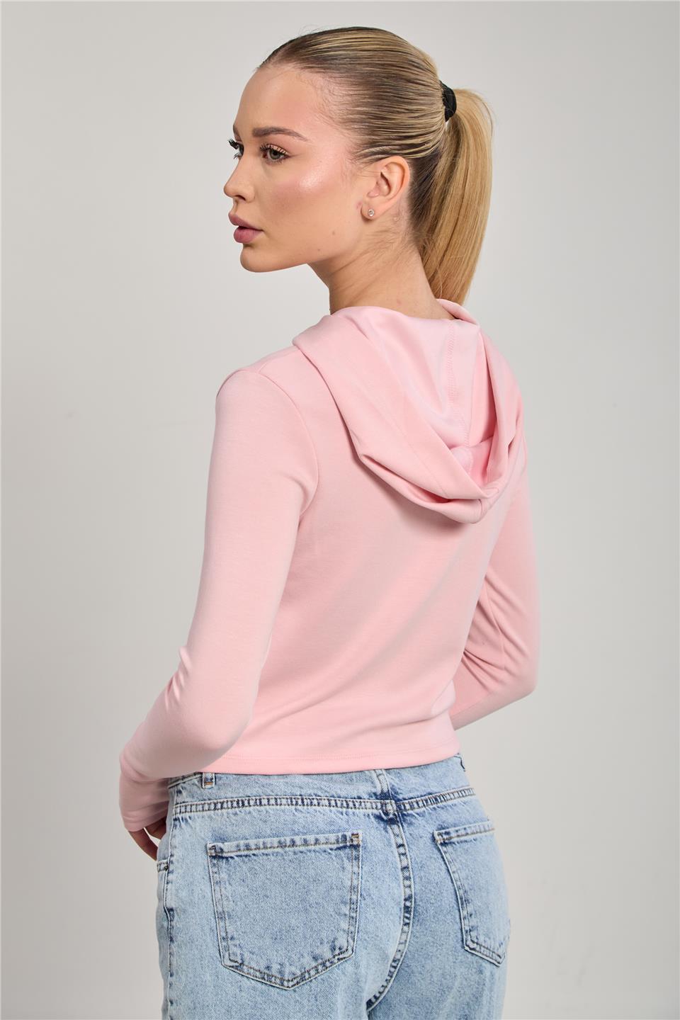 Kadın Parmak Geçmeli Fermuarlı Sweatshirt - Toz Pembe