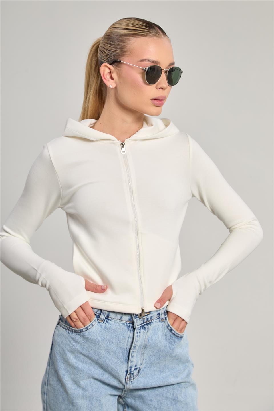 Kadın Parmak Geçmeli Fermuarlı Sweatshirt - Ekru