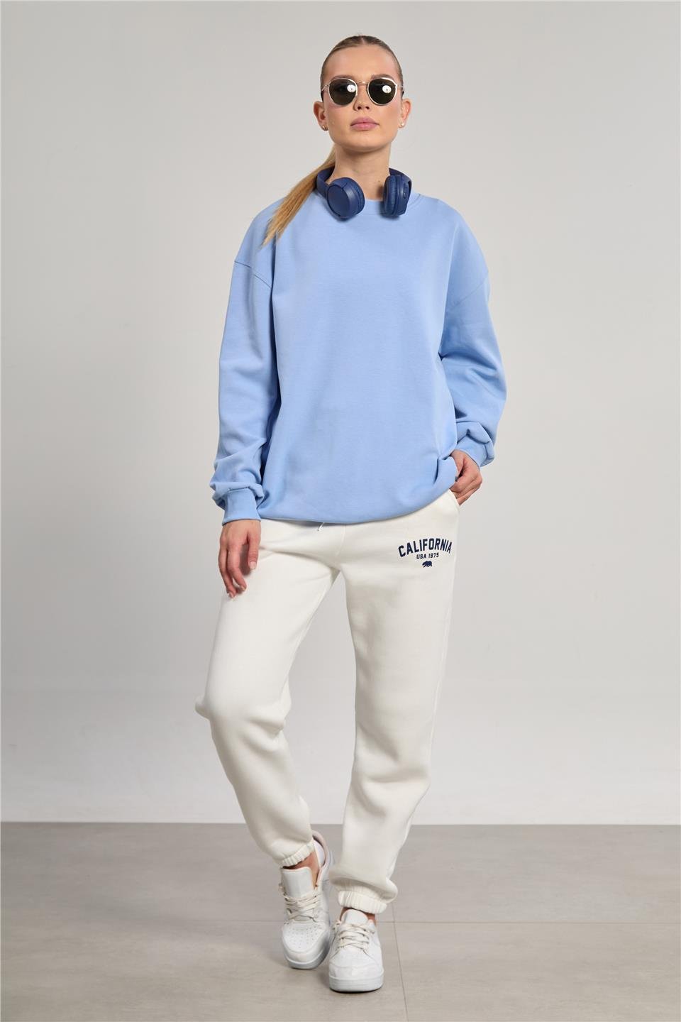 Kadın Ribanalı Bisiklet Yaka Oversize Sweatshirt - Bebe Mavi