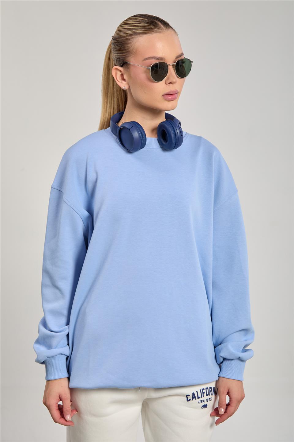 Kadın Ribanalı Bisiklet Yaka Oversize Sweatshirt - Bebe Mavi