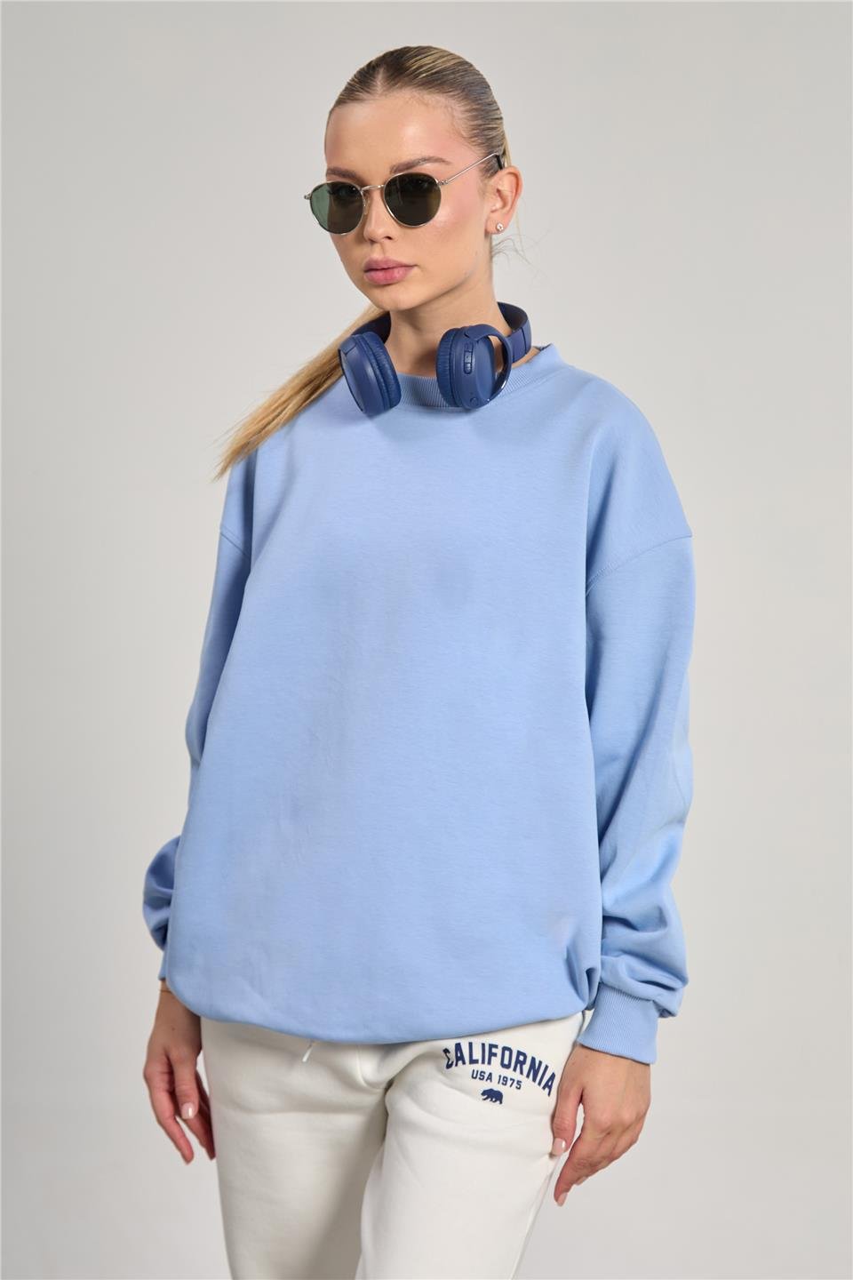 Kadın Ribanalı Bisiklet Yaka Oversize Sweatshirt - Bebe Mavi