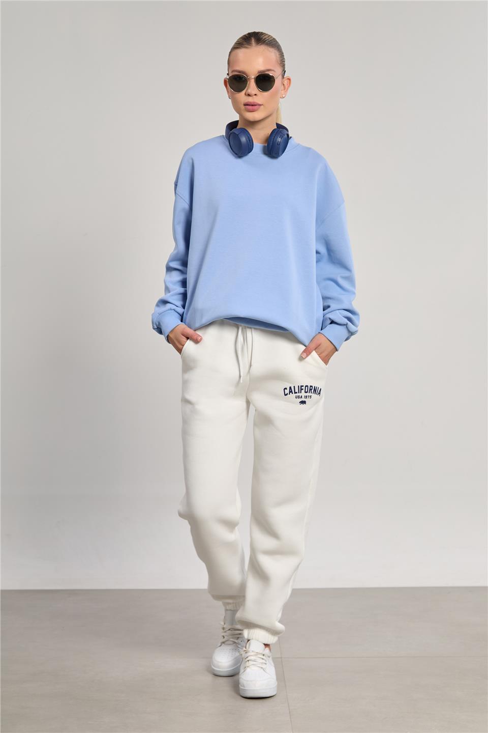 Kadın Ribanalı Bisiklet Yaka Oversize Sweatshirt - Bebe Mavi