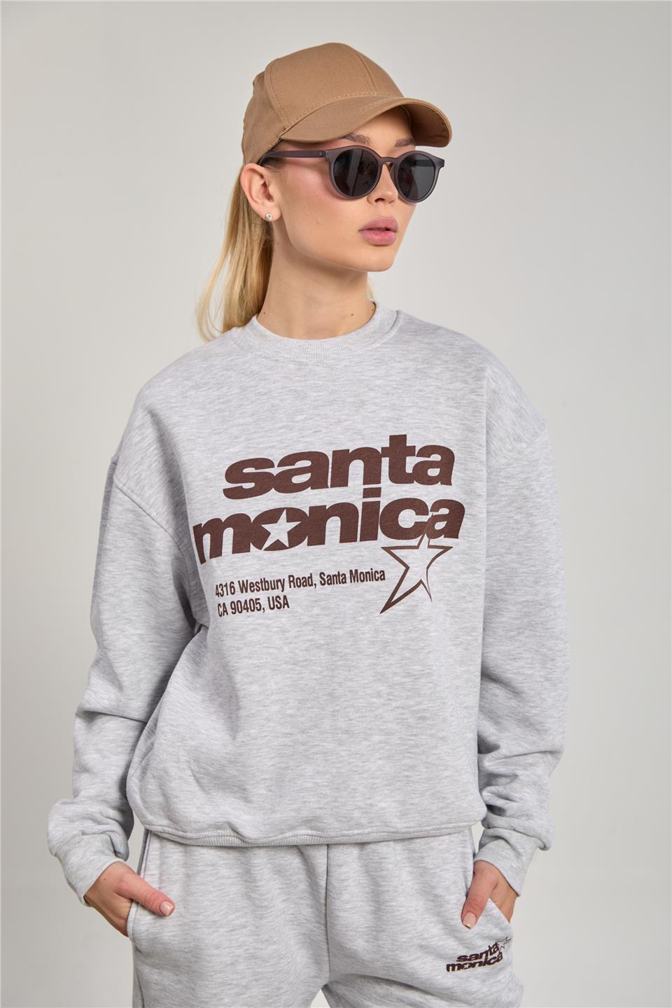 Kadın Santa Monica Baskılı Oversize Sweatshirt - Kar Melanj