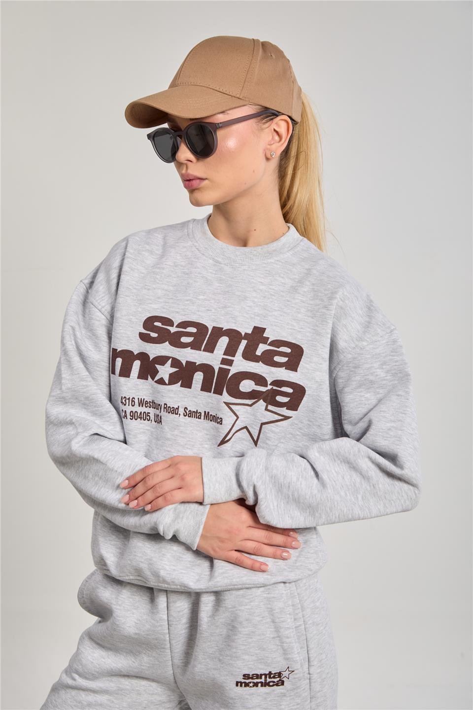 Kadın Santa Monica Baskılı Oversize Sweatshirt - Kar Melanj