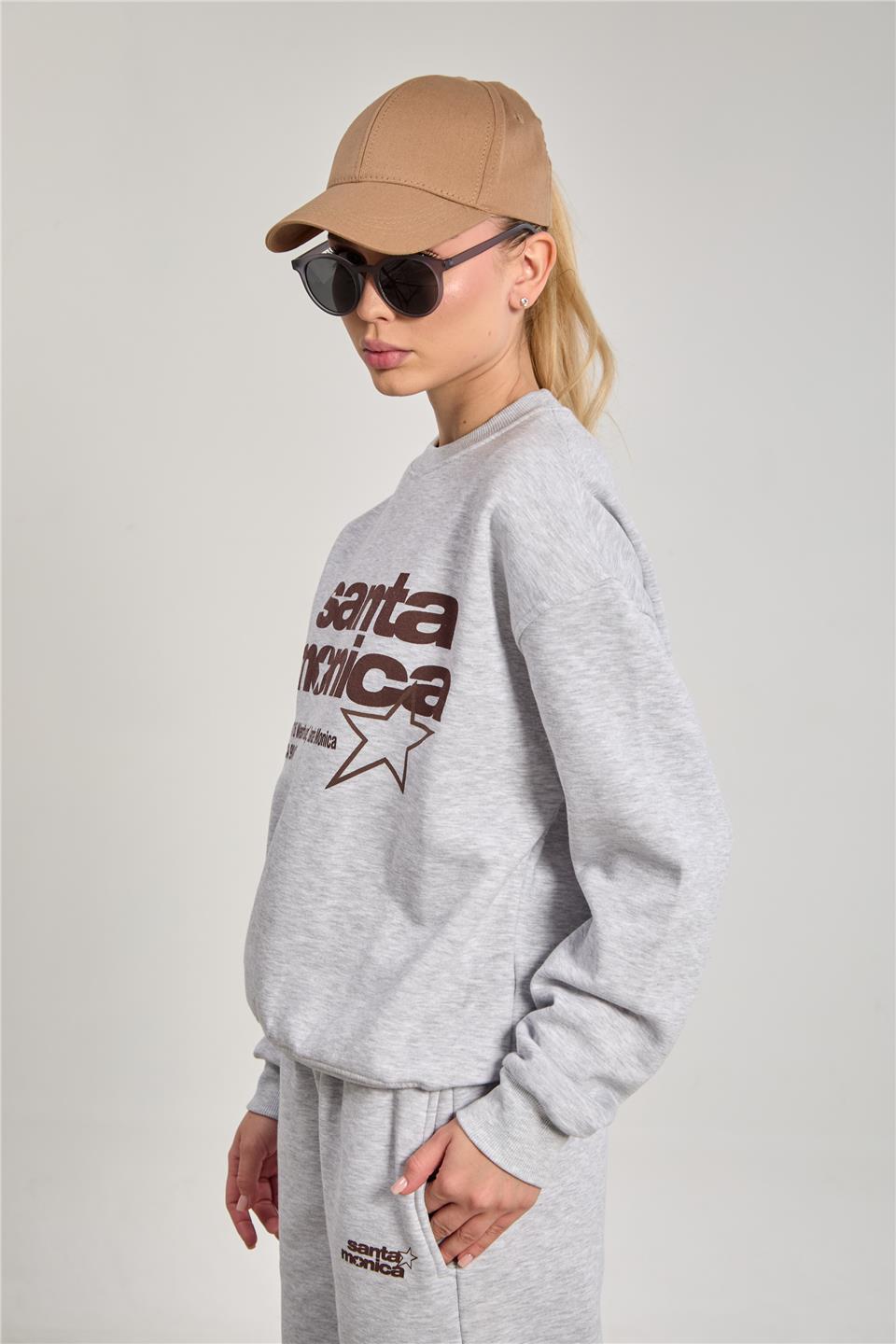 Kadın Santa Monica Baskılı Oversize Sweatshirt - Kar Melanj