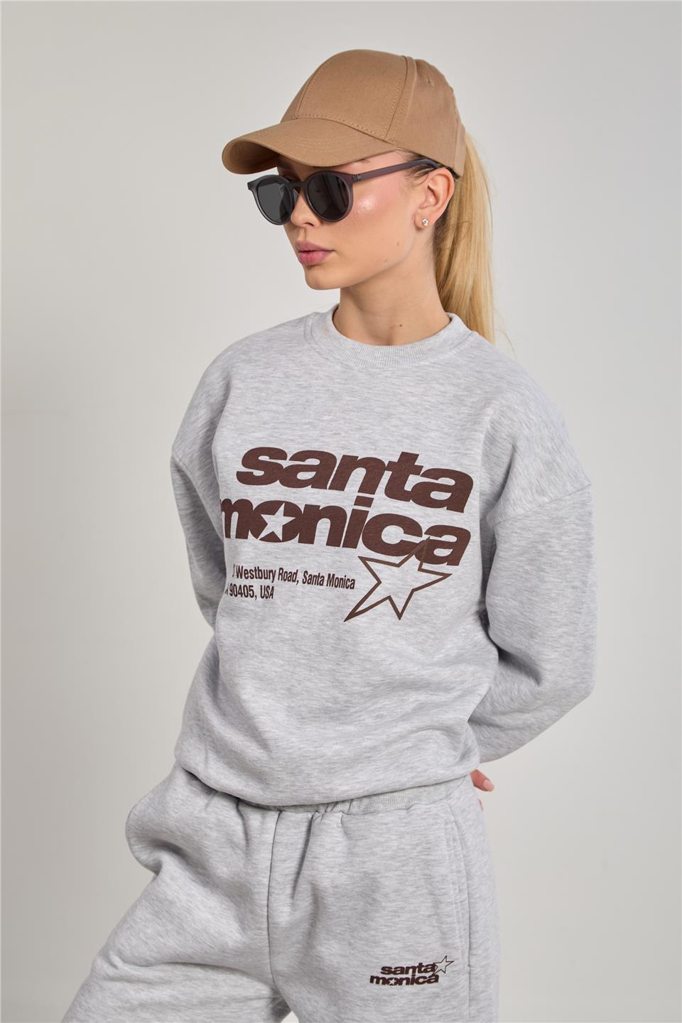 Kadın Santa Monica Baskılı Oversize Sweatshirt - Kar Melanj