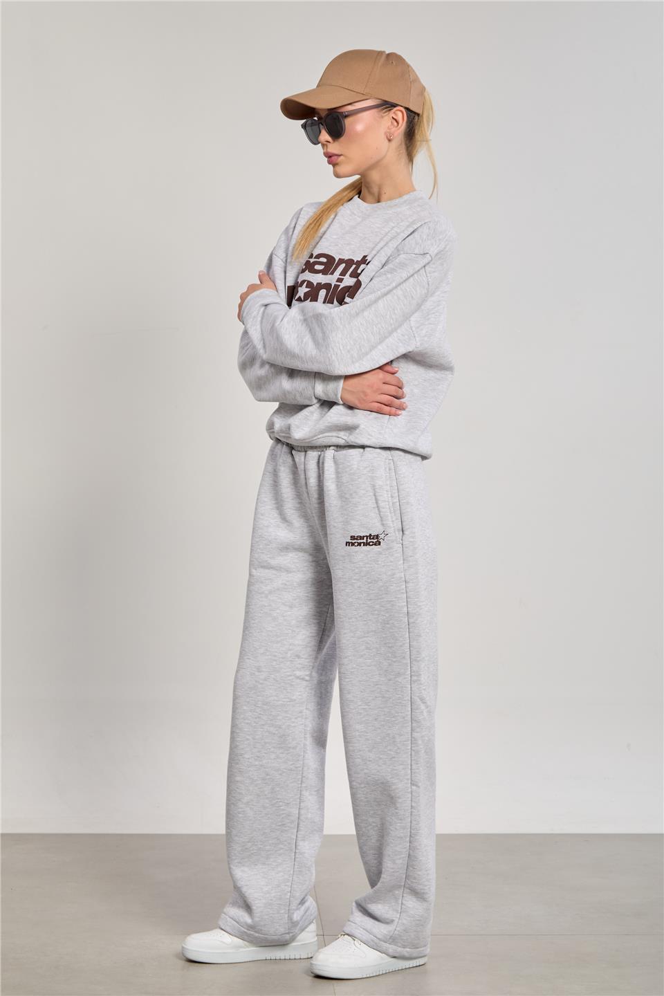 Kadın Santa Monica Baskılı Oversize Sweatshirt - Kar Melanj