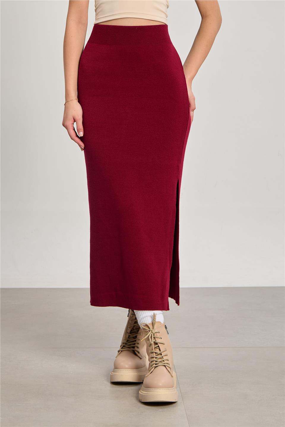 Kadın Triko Kalem Etek - Bordo 