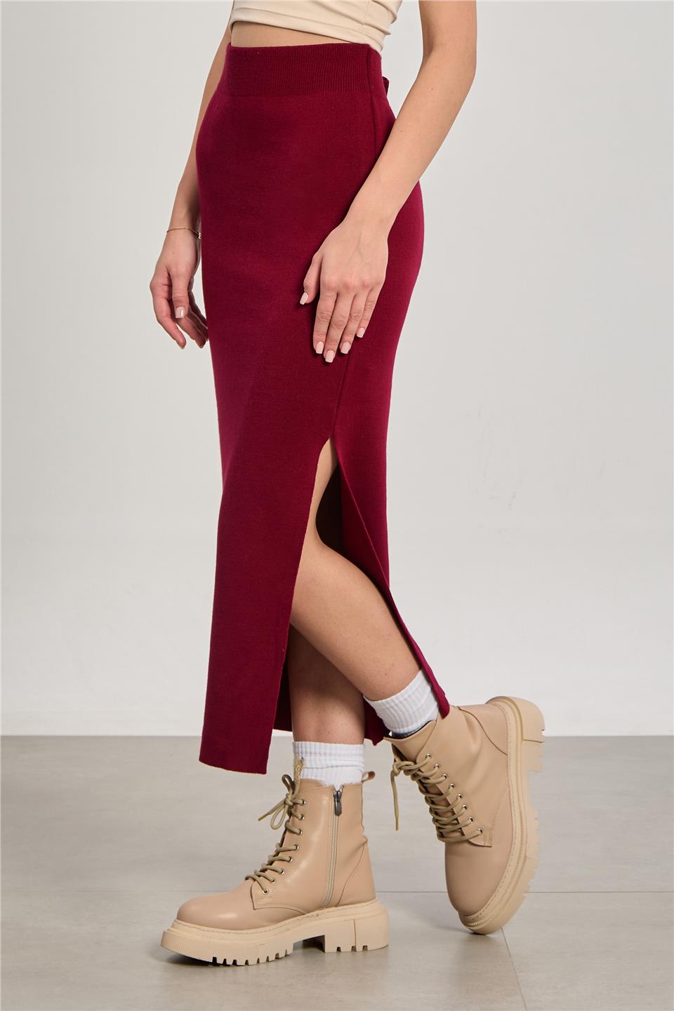 Kadın Triko Kalem Etek - Bordo 