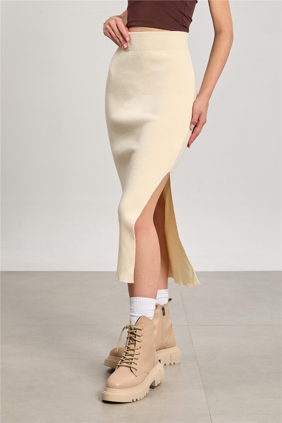 Kadın Triko Kalem Etek - Taş Rengi