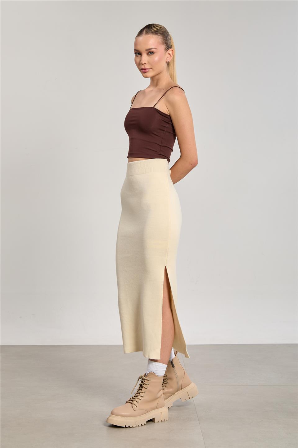 Kadın Triko Kalem Etek - Taş Rengi