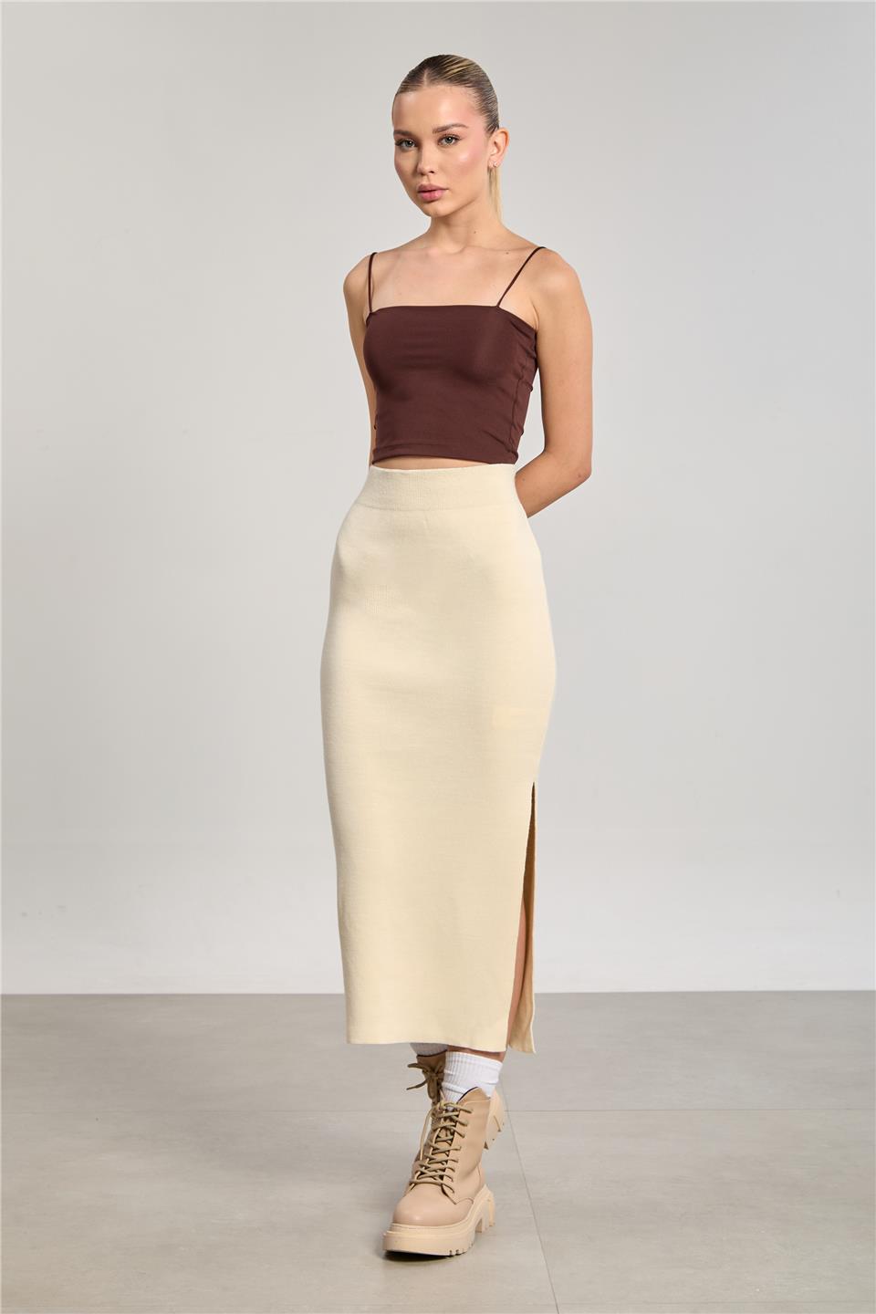 Kadın Triko Kalem Etek - Taş Rengi
