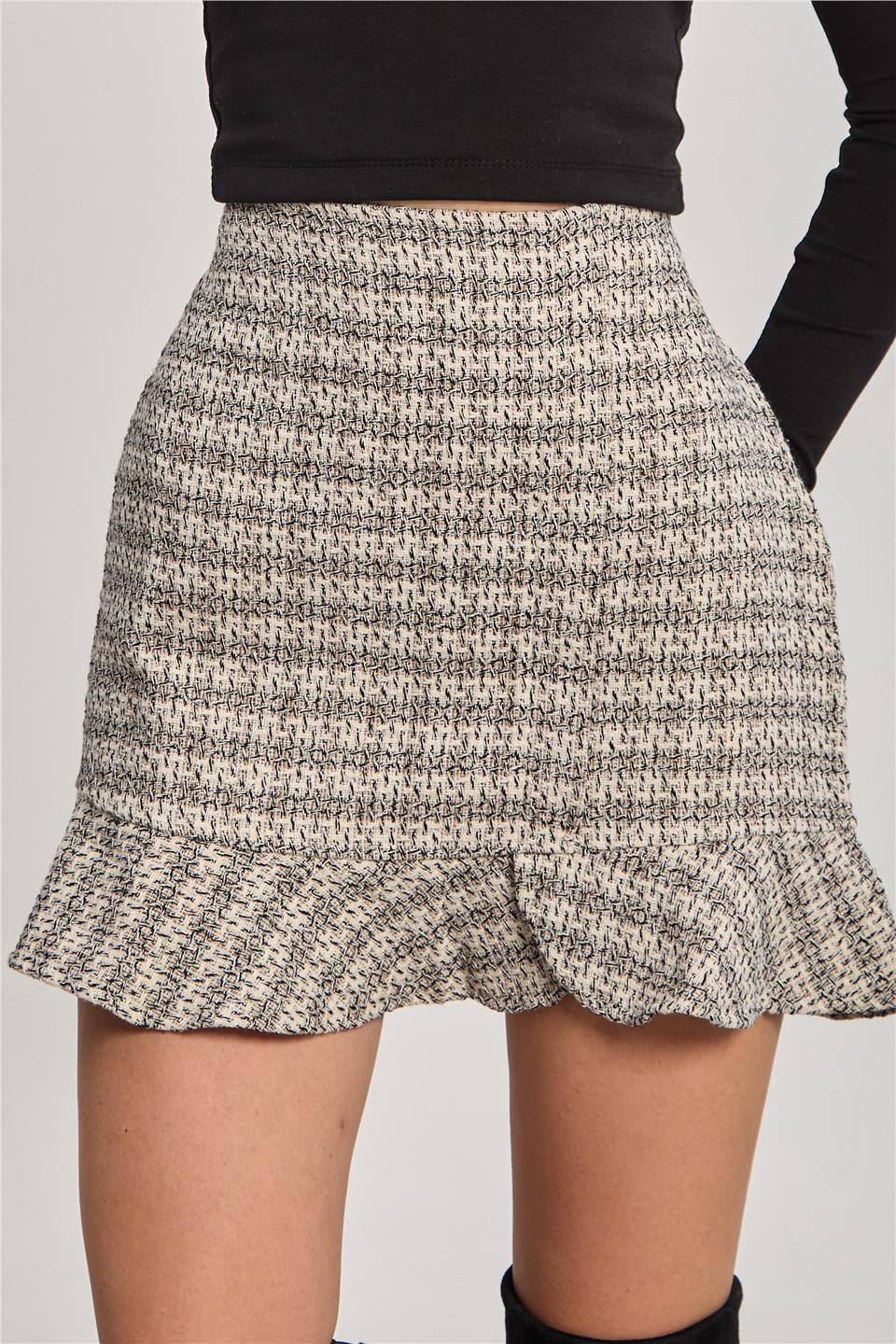 Kadın Yanı Düğmeli Fırfırlı Mini Tüvit Etek - Krem