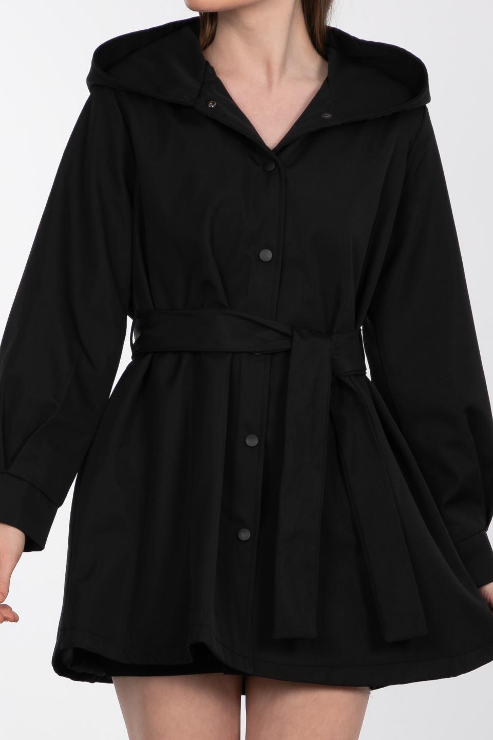 Kapüşonlu Çıtçıtlı Trençkot - Siyah