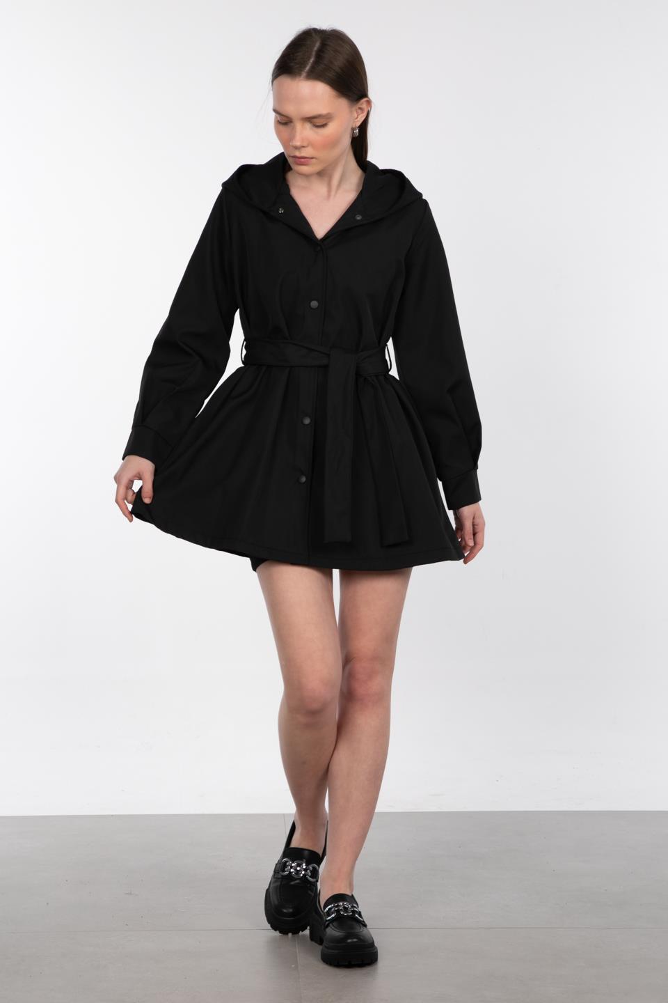 Kapüşonlu Çıtçıtlı Trençkot - Siyah