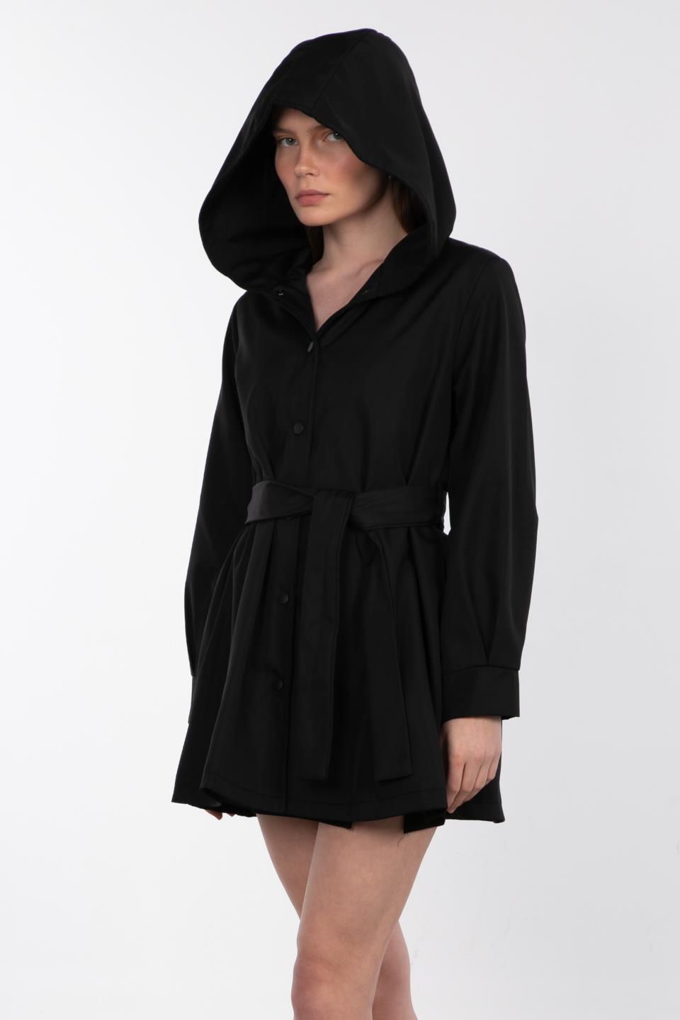 Kapüşonlu Çıtçıtlı Trençkot - Siyah