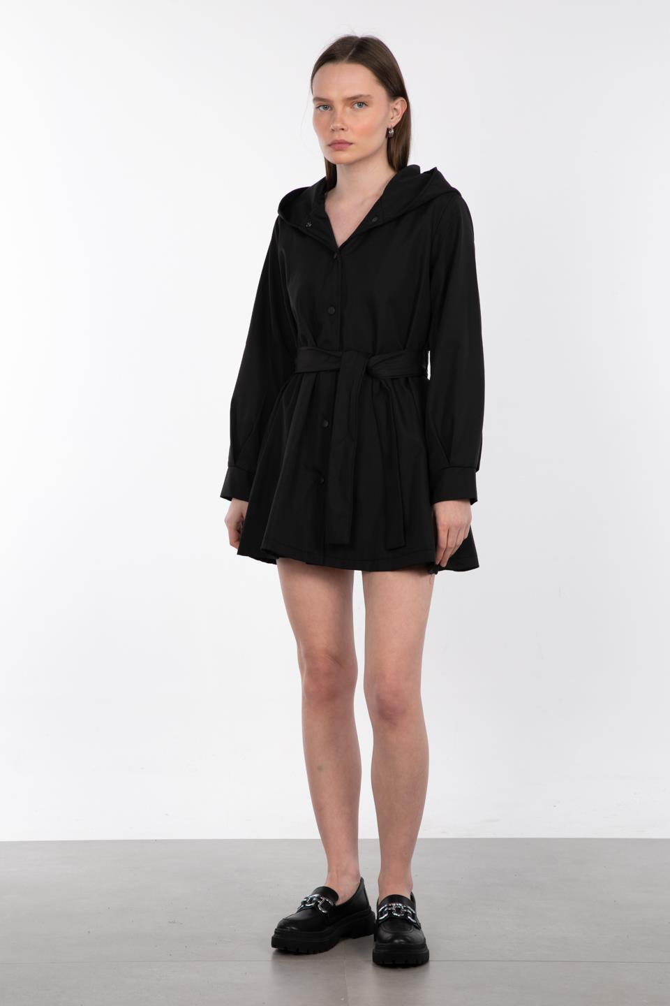 Kapüşonlu Çıtçıtlı Trençkot - Siyah