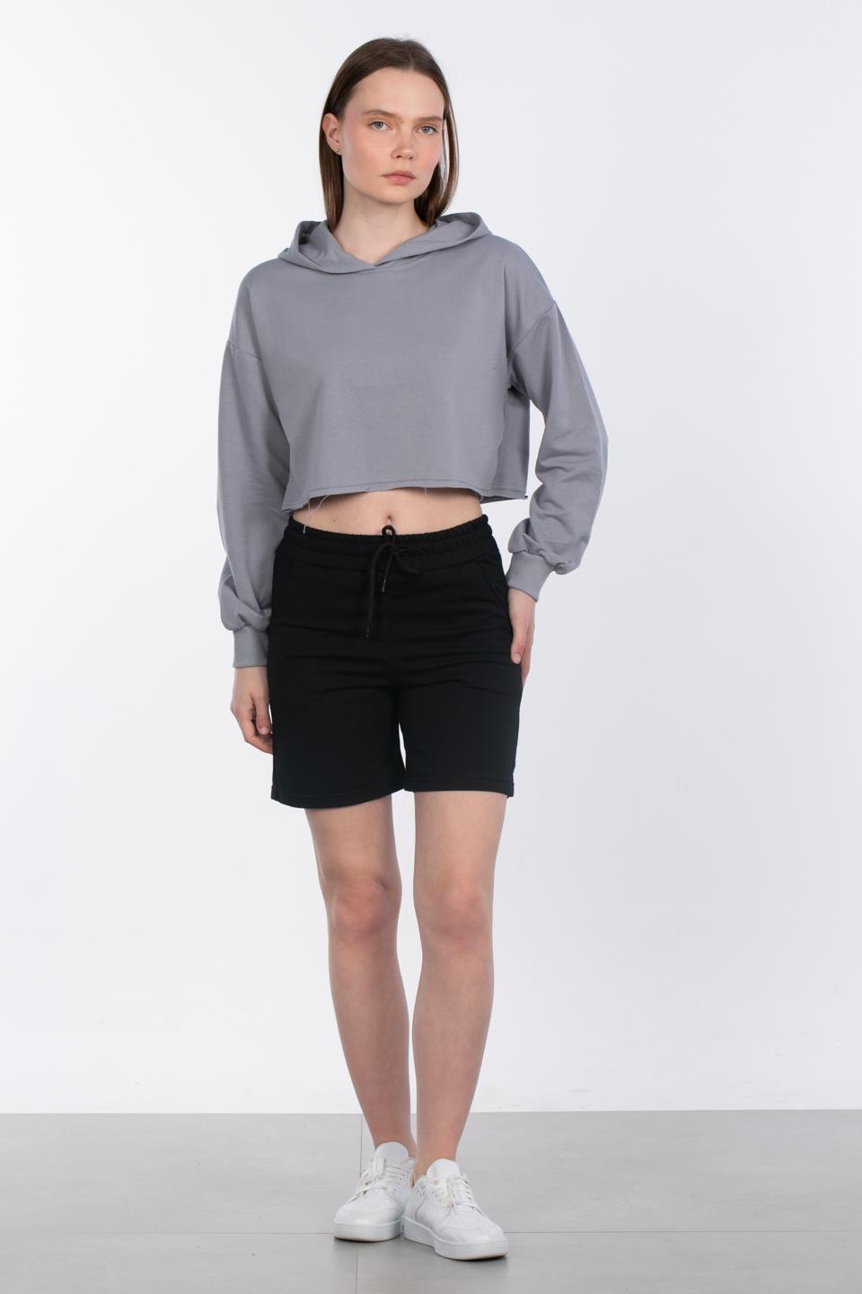 Kapüşonlu Crop Sweatshirt - Gri