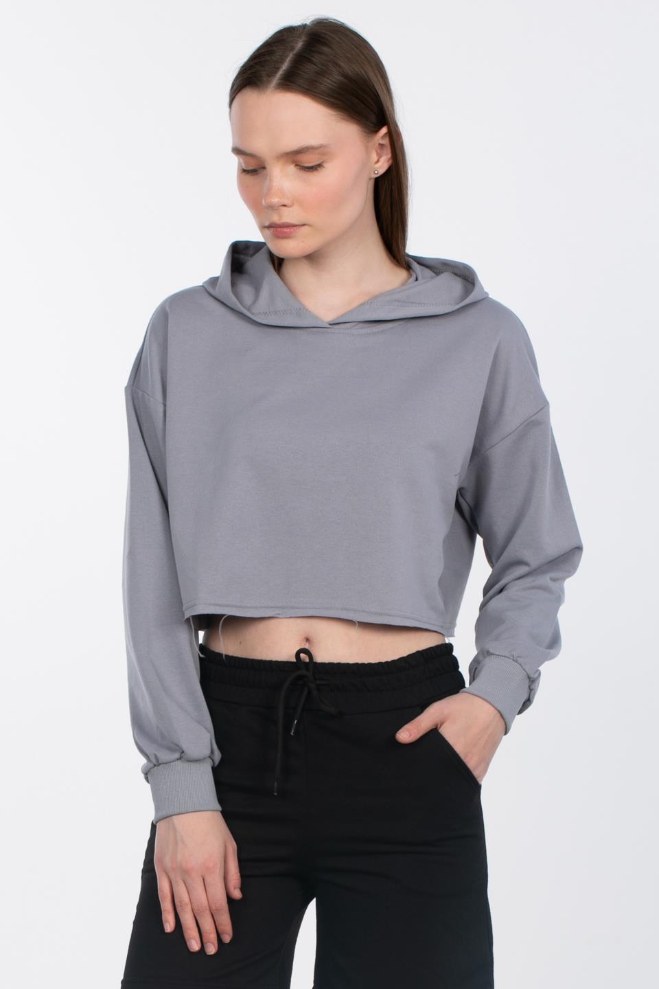 Kapüşonlu Crop Sweatshirt - Gri