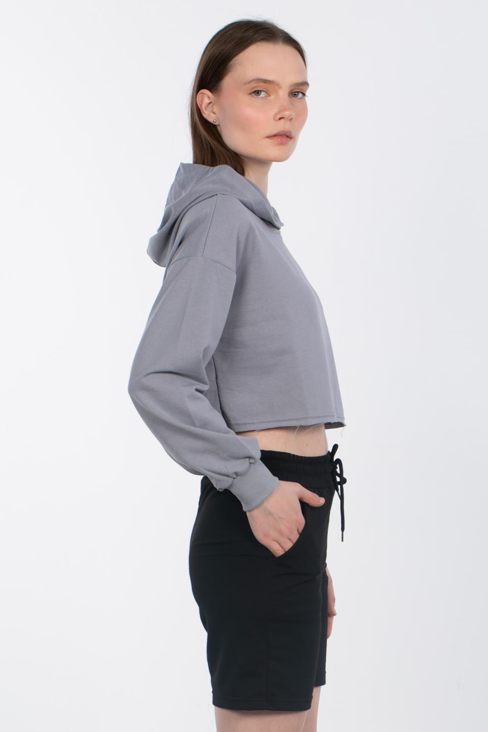 Kapüşonlu Crop Sweatshirt - Gri
