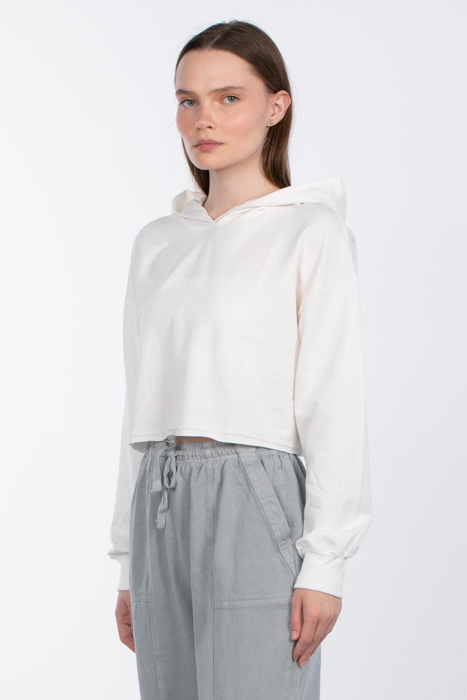 Kapüşonlu Crop Sweatshirt - Ekru