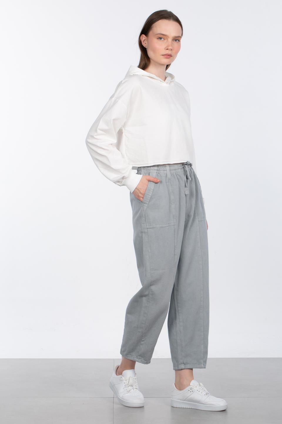 Kapüşonlu Crop Sweatshirt - Ekru