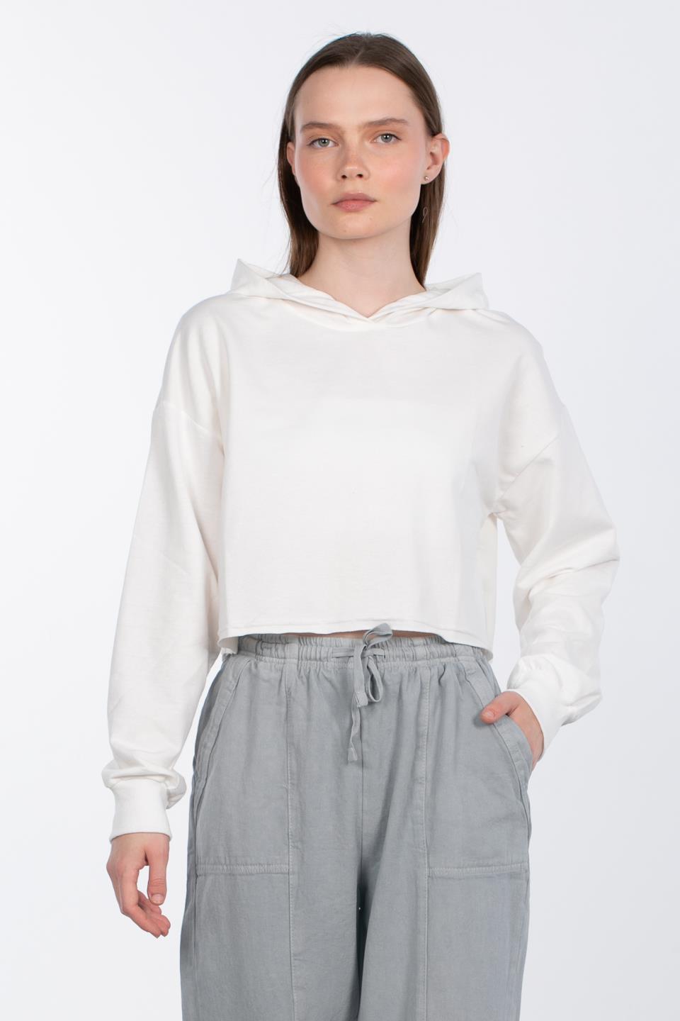 Kapüşonlu Crop Sweatshirt - Ekru
