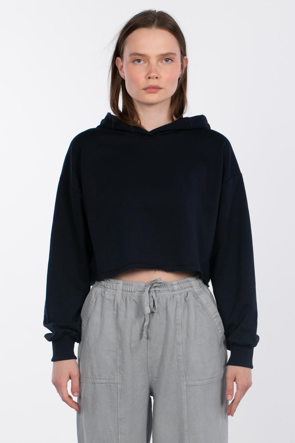 Kapüşonlu Crop Sweatshirt - Lacivert