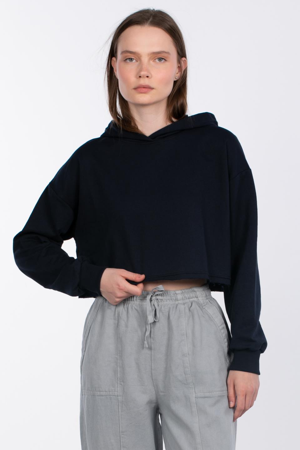 Kapüşonlu Crop Sweatshirt - Lacivert
