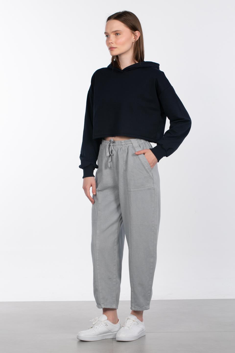 Kapüşonlu Crop Sweatshirt - Lacivert