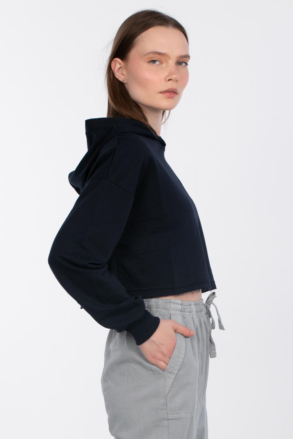 Kapüşonlu Crop Sweatshirt - Lacivert