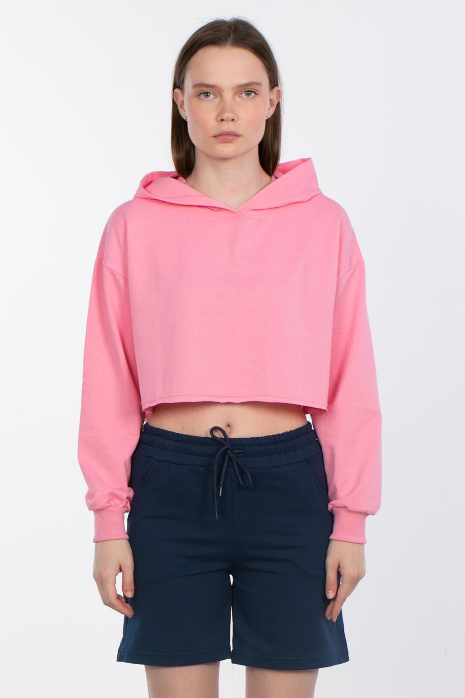Kapüşonlu Crop Sweatshirt - Pembe