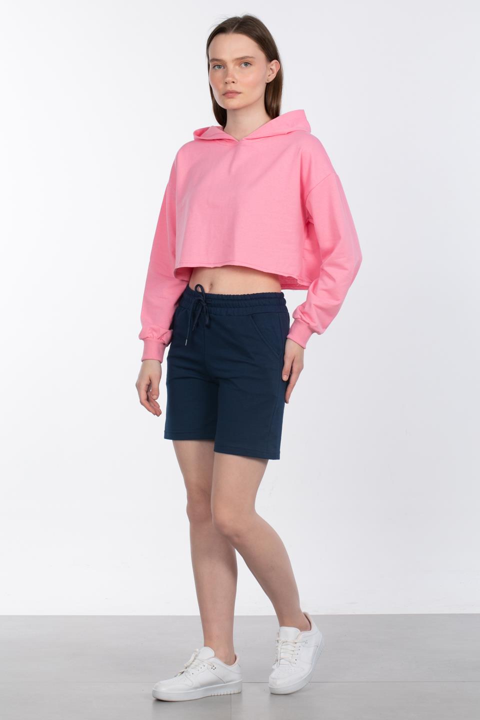 Kapüşonlu Crop Sweatshirt - Pembe