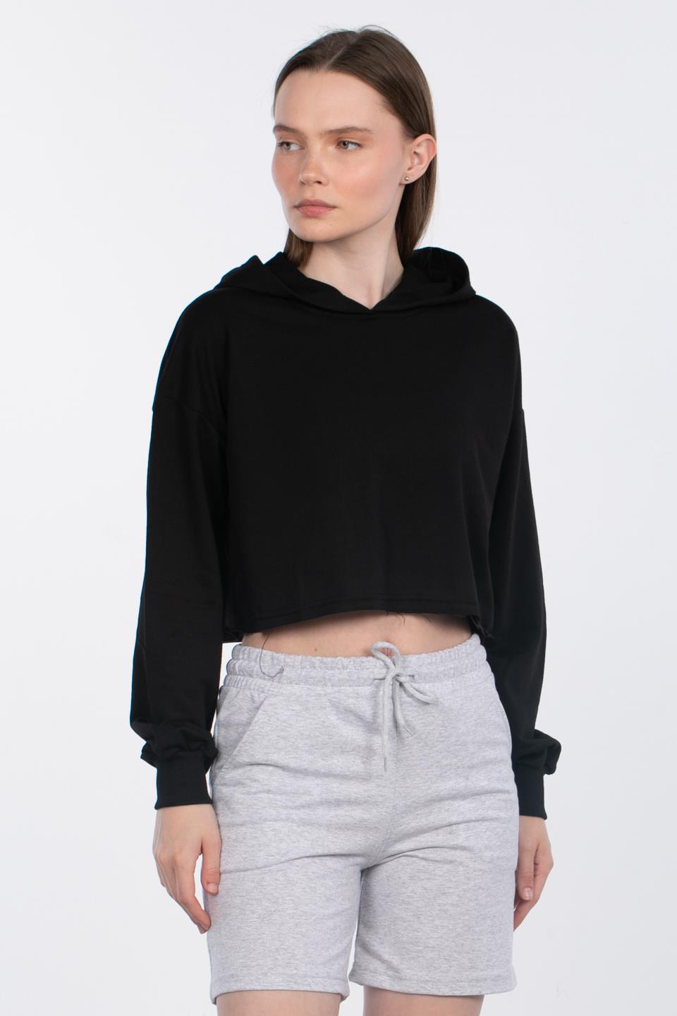 Kapüşonlu Crop Sweatshirt - Siyah