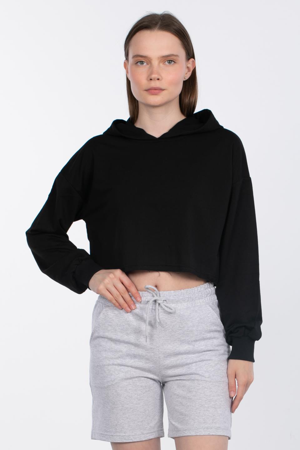 Kapüşonlu Crop Sweatshirt - Siyah