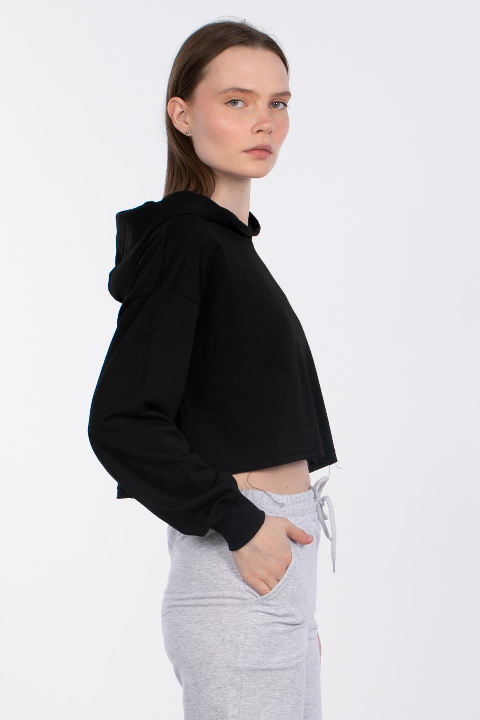 Kapüşonlu Crop Sweatshirt - Siyah