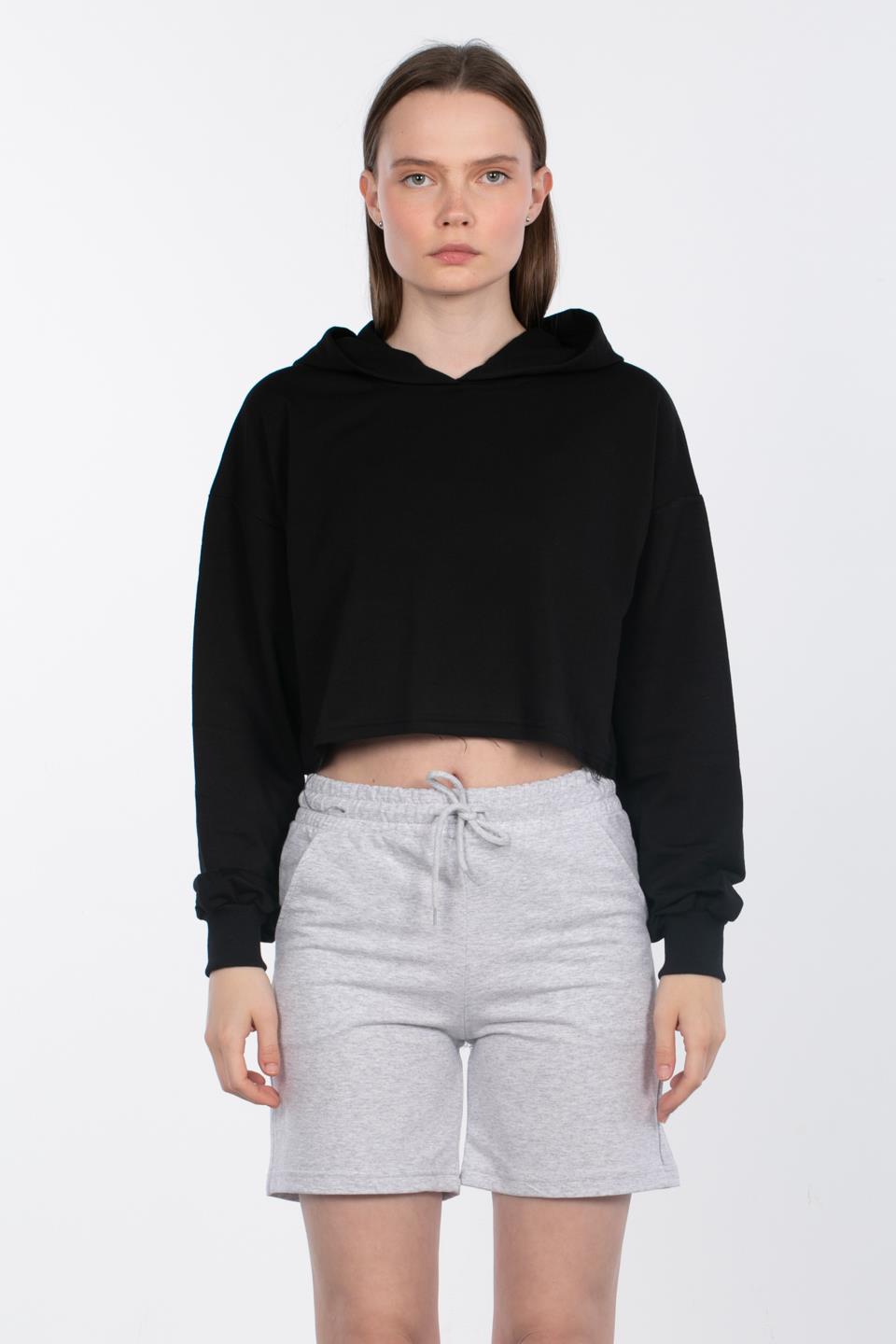 Kapüşonlu Crop Sweatshirt - Siyah