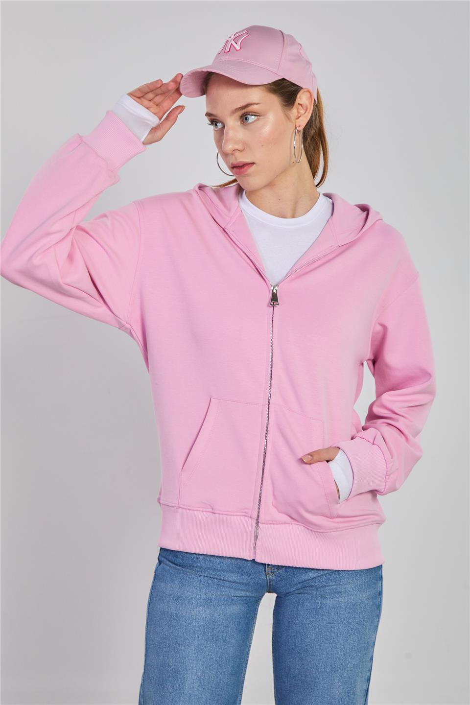 Kadın Kapüşonlu Fermuarlı Kanguru Cepli Sweatshirt - Pembe