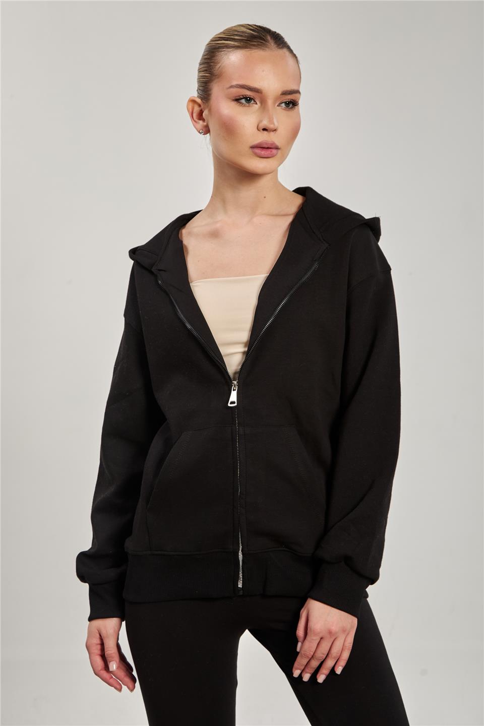 Kadın Kapüşonlu Fermuarlı Kanguru Cepli Sweatshirt - Siyah