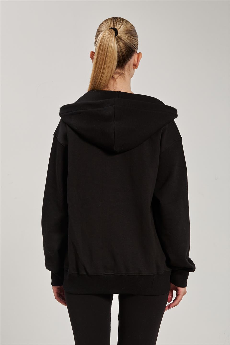 Kadın Kapüşonlu Fermuarlı Kanguru Cepli Sweatshirt - Siyah