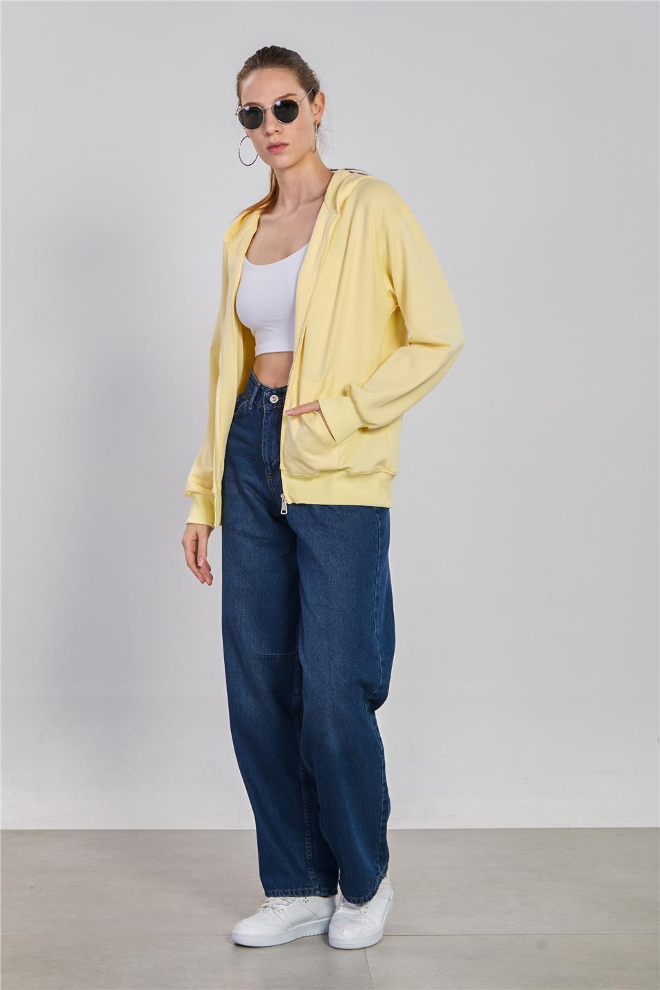 Kadın Kapüşonlu Fermuarlı Kanguru Cepli Sweatshirt - Sarı