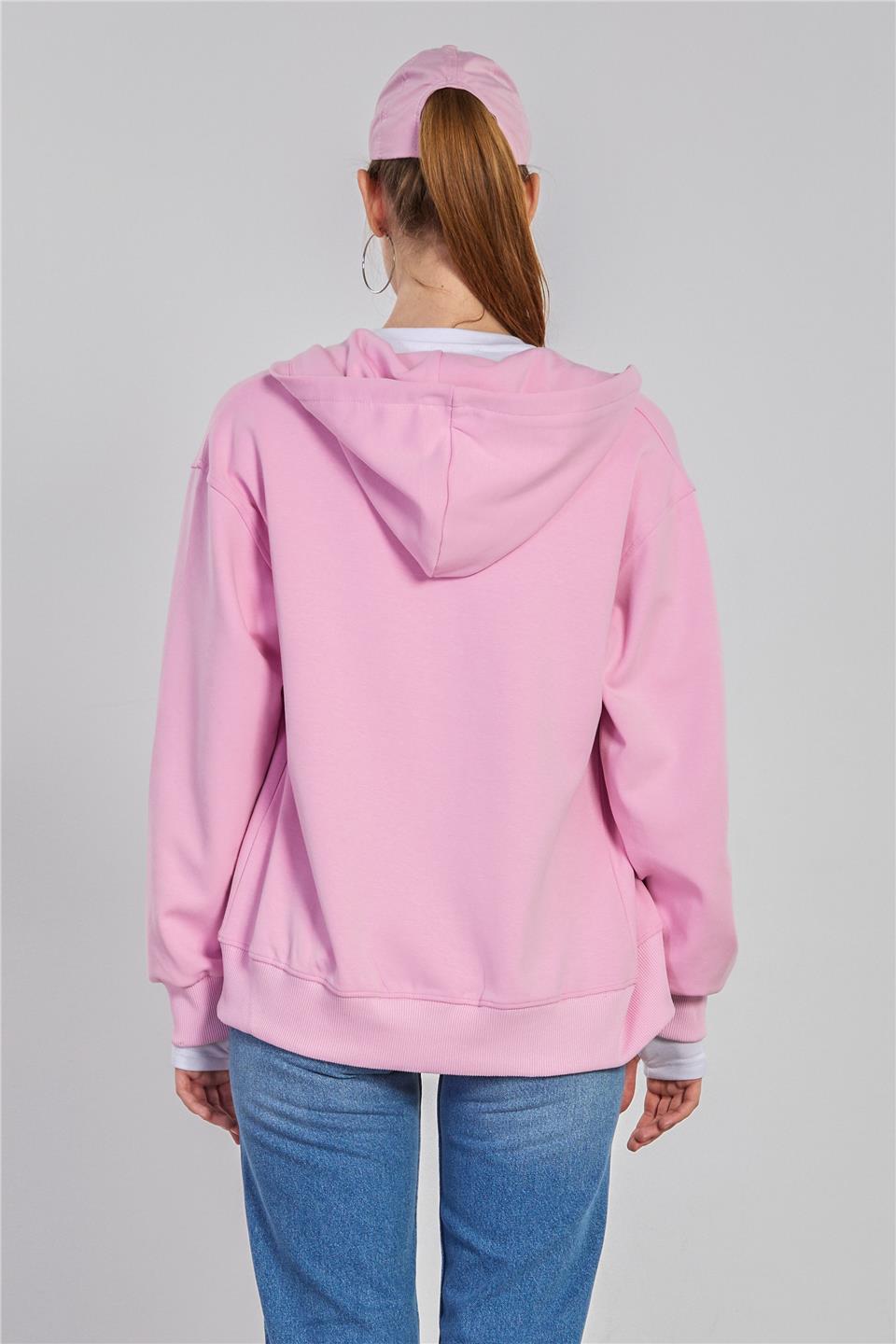 Kadın Kapüşonlu Fermuarlı Kanguru Cepli Sweatshirt - Pembe