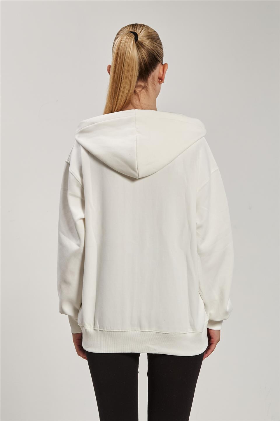 Kadın Kapüşonlu Fermuarlı Kanguru Cepli Sweatshirt - Ekru