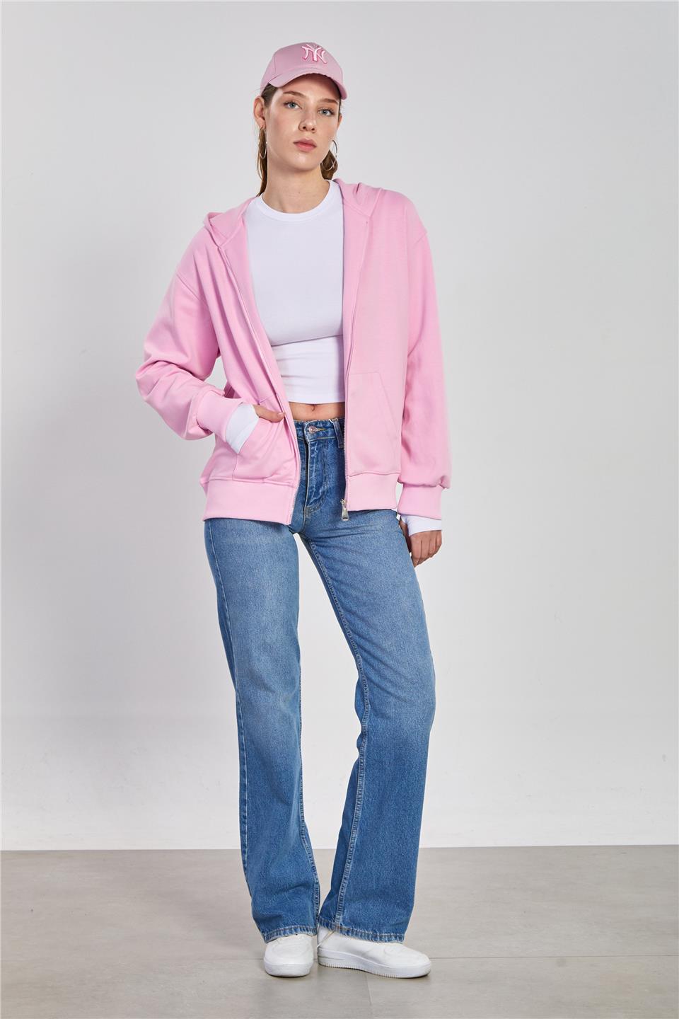 Kadın Kapüşonlu Fermuarlı Kanguru Cepli Sweatshirt - Pembe