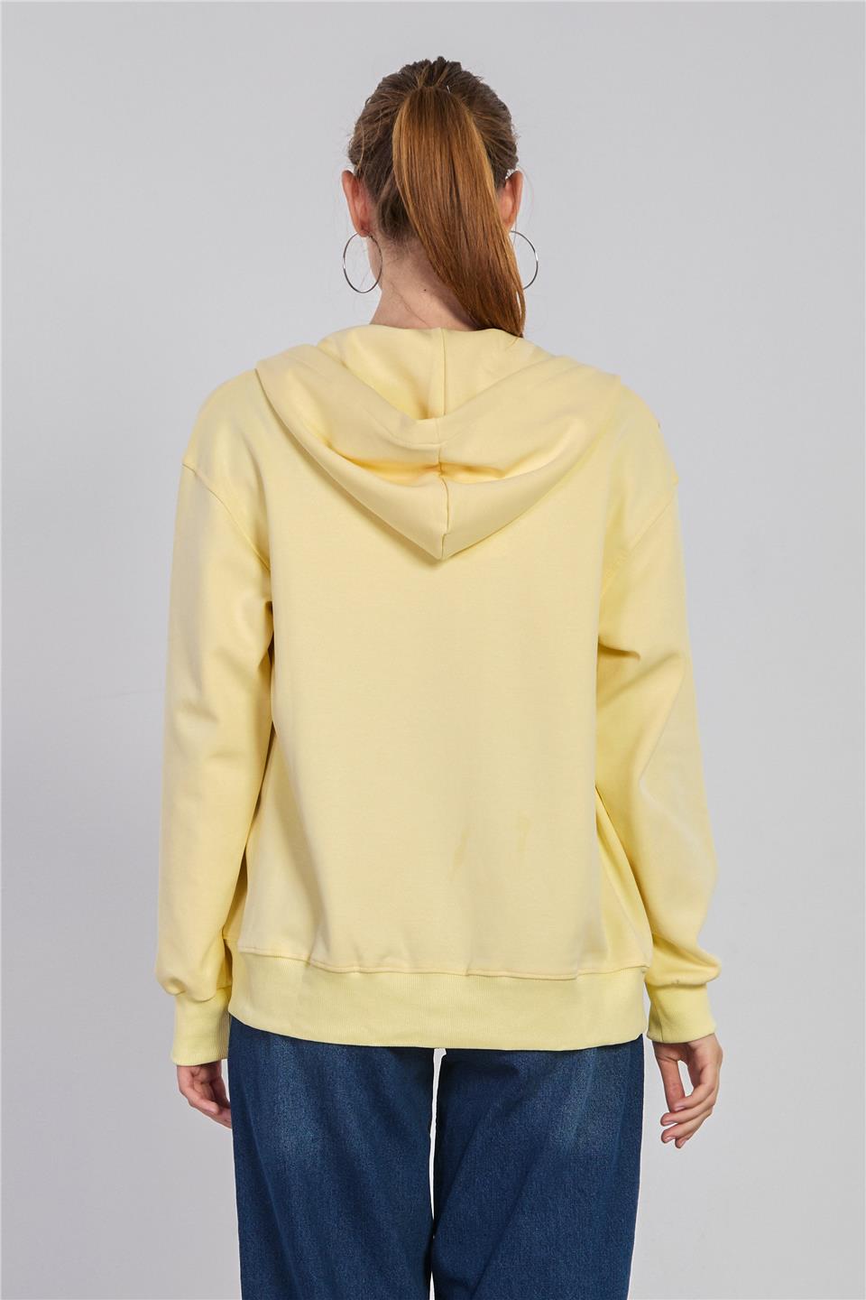 Kadın Kapüşonlu Fermuarlı Kanguru Cepli Sweatshirt - Sarı