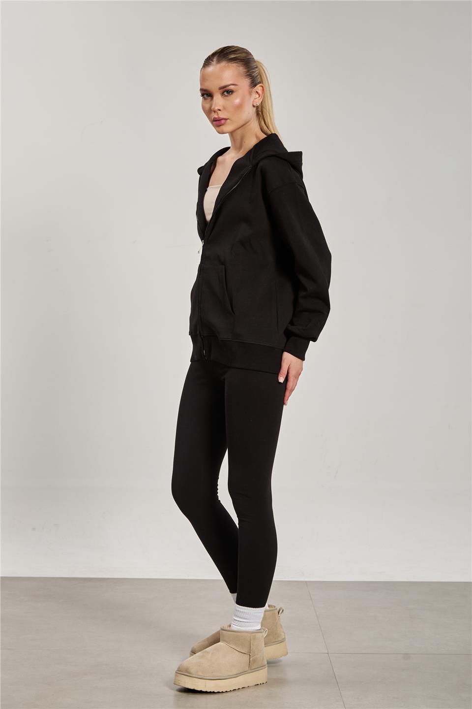 Kadın Kapüşonlu Fermuarlı Kanguru Cepli Sweatshirt - Siyah
