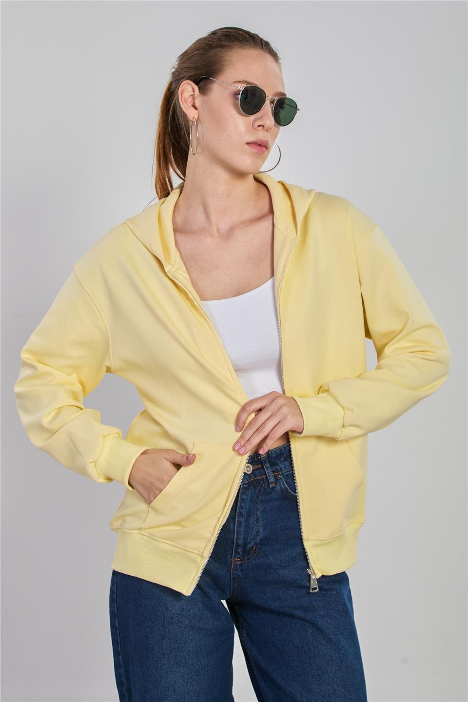 Kadın Kapüşonlu Fermuarlı Kanguru Cepli Sweatshirt - Sarı