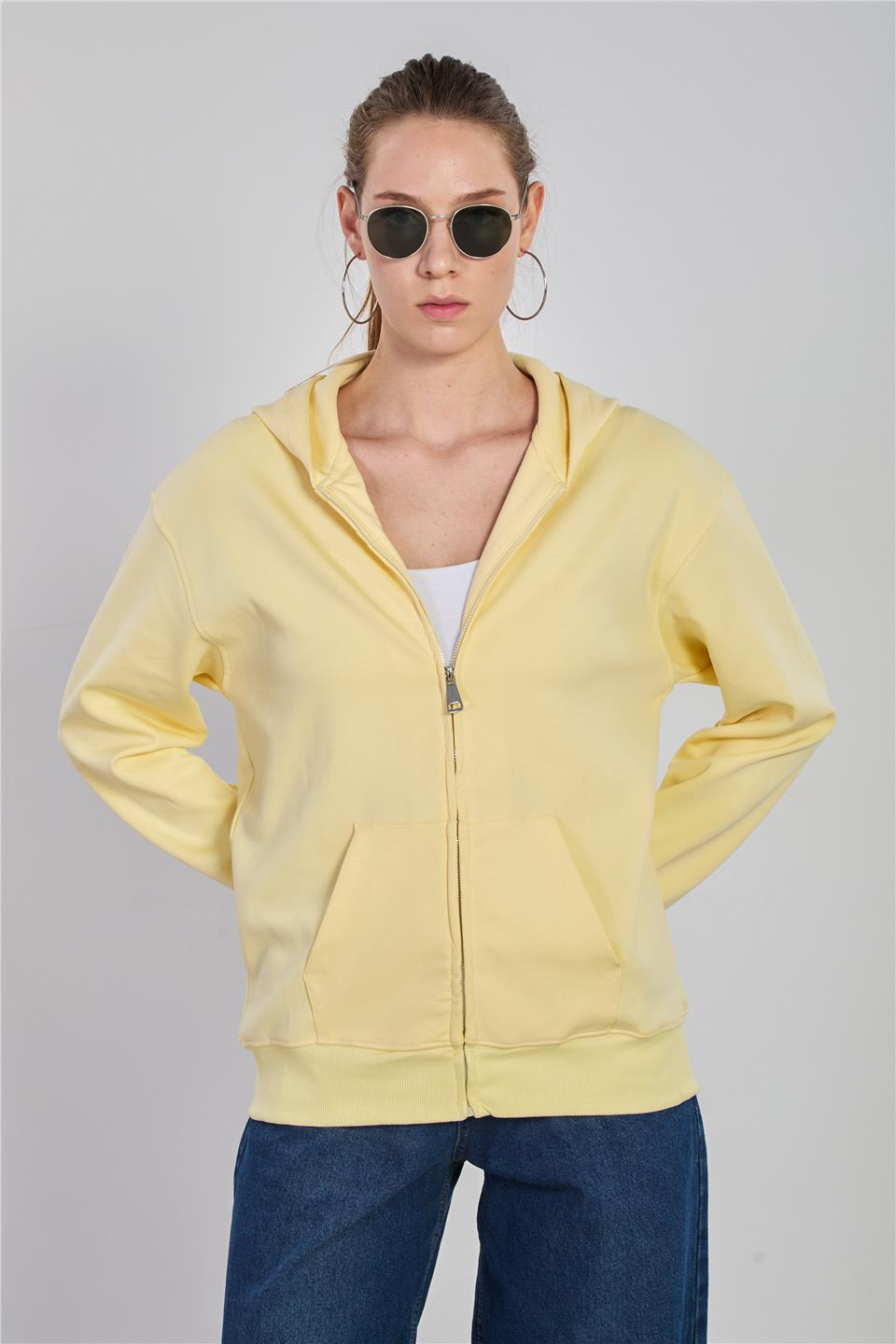 Kadın Kapüşonlu Fermuarlı Kanguru Cepli Sweatshirt - Sarı